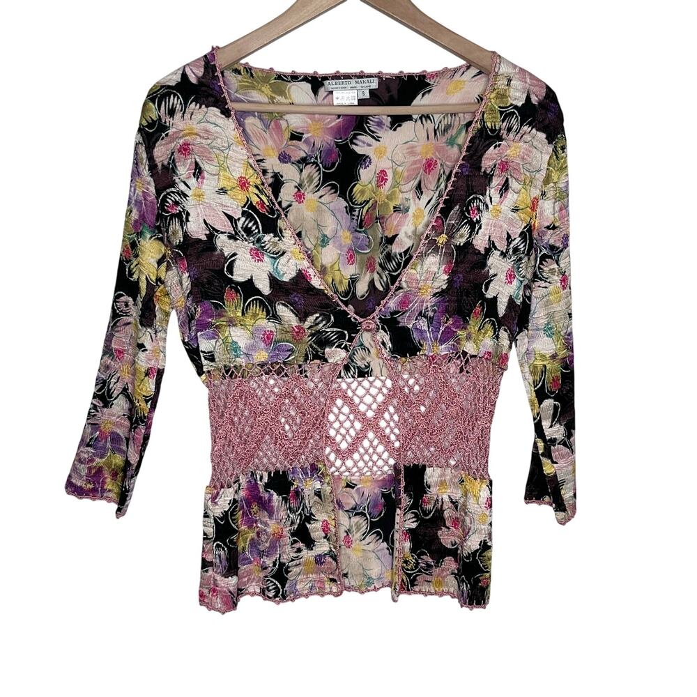 Alberto Makali Floral Crochet Lace Top S Pink Black Y2K Fairy Grunge Boho